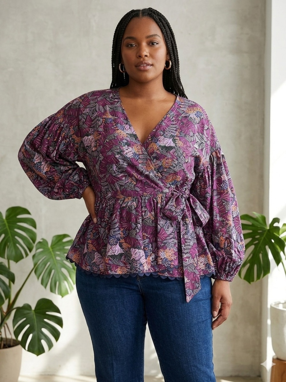 Kika Vargas Purple Floral Wrap Peplum Blouse with Tie